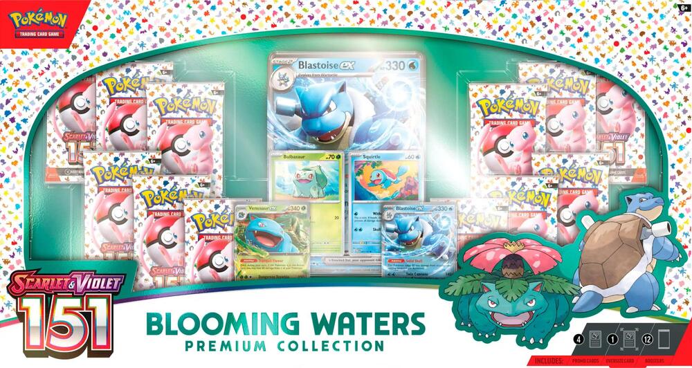 Blooming Waters Premium Collection – Pokémon TCG box with exclusive promos and 151 booster packs